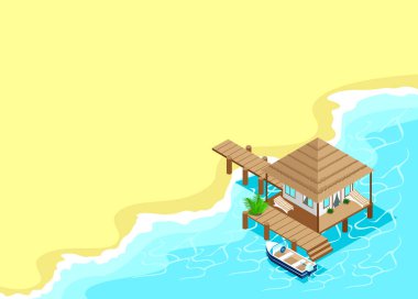 Isometric bungalow with a pier and a moored boat standing in the blue beautiful sea on the shore. Vector illustration isolated on white background.