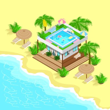 Yüzme havuzlu, palmiye ağaçlı, güneşli ve çatısı şemsiyeli Isome mavisi deniz evi. Tatil, sağlıklı yaşam tarzı. Vektör illüstrasyonu beyaz arkaplanda izole edildi.