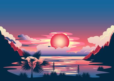 Batan güneşin arka planında palmiye ağaçları ve dağlardan oluşan bir siluet. Gece tropik bir manzara. Yaz tatili. Vektör illüstrasyonu.