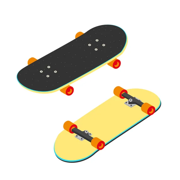 Helles Mehrfarbiges Isometrisches Skateboard Mit Orangefarbenen Rädern Messwerte Von Unten — Stockvektor