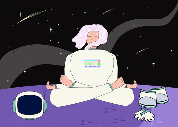 Egy Ember Egy Űrruhában Lótuszpozícióban Meditál Üstökös Csillagok Határtalan Tér — Stock Vector