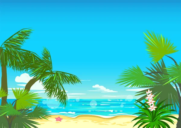 夏天的背景美丽的热带风景与棕榈树和花卉 海滩和闪光的大海为屏保 横幅或海报 矢量说明 — 图库矢量图片