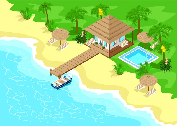 等距平房坐落在热带绿色海滩上 有沙生棕榈树和一个长码头 还有一条船停泊在蓝色美丽的大海中 矢量说明 — 图库矢量图片