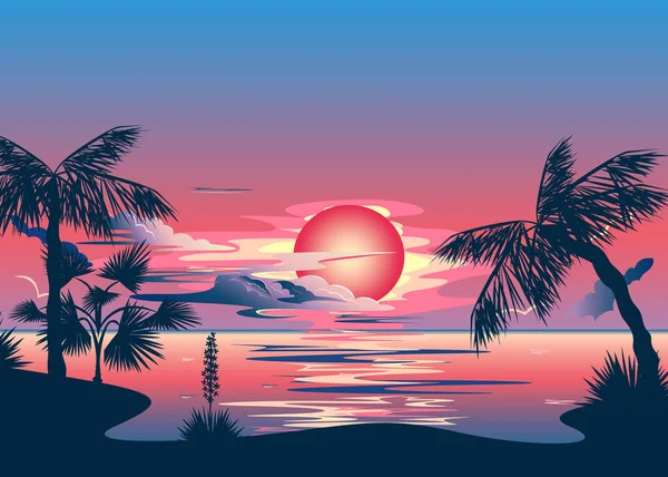 夕日と海を背景にヤシの木のシルエット 熱帯の風景です 夏休みだ ベクターイラスト — ストックベクタ