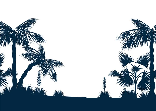 夏天美丽的热带黑色和白色背景与棕榈树和花卉为屏幕保护 横幅或海报 矢量说明 — 图库矢量图片