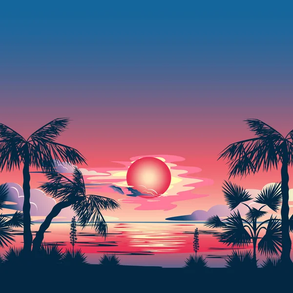 Силуэт Пальм Фоне Заходящего Солнца Моря Тропический Пейзаж Летние Каникулы — стоковый вектор