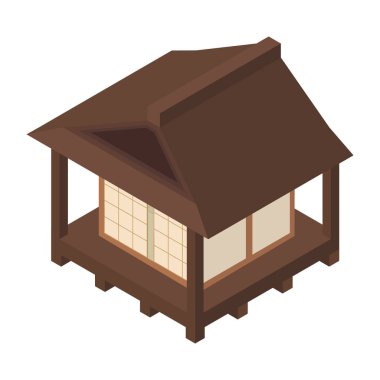 Klasik ahşap Japon evi. Beyaz arkaplanda vektör izometrik illüstrasyon.