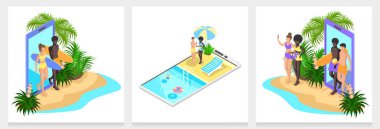 İnsanlı, havuzlu, plajlı izometrik telefonlar. vektör illüstrasyonu.