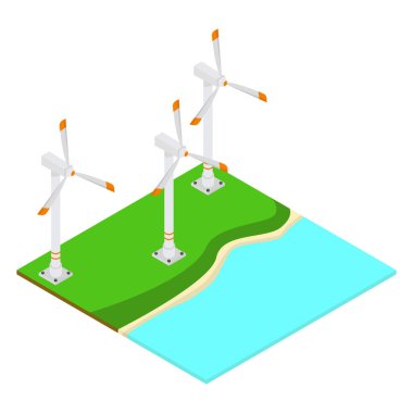 Suyun yakınındaki bir alanda rüzgar jeneratörleri. Vektör izometrik çizim.