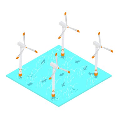Denizde su altında balık siluetleri ve dalgalarla rüzgar jeneratörleri. Vektör izometrik çizim.