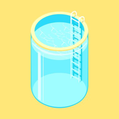 Temiz su ile yüzme havuzu ve sarı zemin üzerinde şeffaf cam şeklinde dalgalar. Vektör izometrik çizim. Yaz tatilinde havuz kenarında. Yaz eğlencesinin renkli görüntüsü.