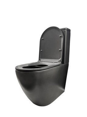 Açık tuvalet kasesi beyaz arka planda izole edilmiş. Dosya izolasyona giden bir yol içeriyor. Siyah Tuvalet