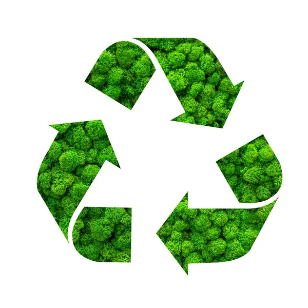 Symbol Recyklingu Odpadów Koncepcja Ochrony Środowiska Zielonym Tłem Mchu — Zdjęcie stockowe
