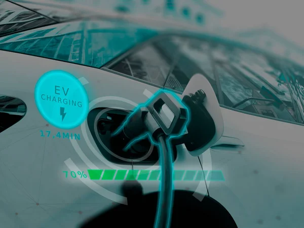 Wtyczka Pompy Kablowej Zasilającej Pojazdu Elektrycznego Samochód Nowoczesną Technologią Wyświetlacz — Zdjęcie stockowe