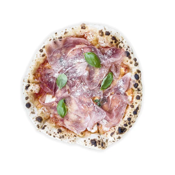 Crusty Włoska Pizza Szynką Prosciutto Mozzarella Świeża Bazylia Serwowane Cały — Zdjęcie stockowe
