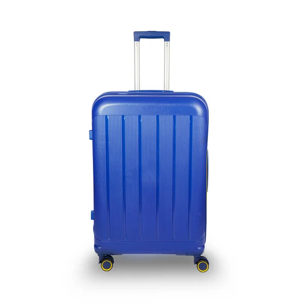 Blue Plastic Trolley Reisetasche Mit Metallgriff Isoliert Auf Weißem Hintergrund — Stockfoto