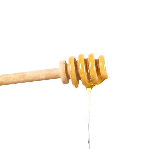 Μέλι Στάζει Από Dipper Ξύλινο Ραβδί Μέλι Απομονωμένο Λευκό Φόντο — Φωτογραφία Αρχείου