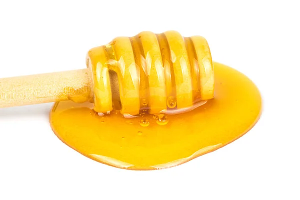 Μέλι Στάζει Από Dipper Ξύλινο Ραβδί Μέλι Απομονωμένο Λευκό Φόντο — Φωτογραφία Αρχείου