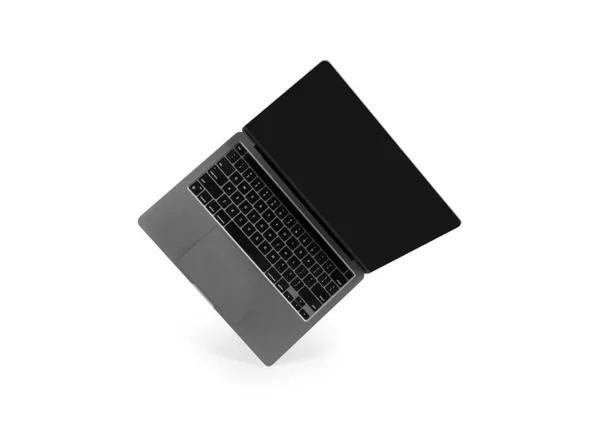 Foto Laptop Moderno Realista Aberto Com Tela Branca Isolada Fundo — Fotografia de Stock
