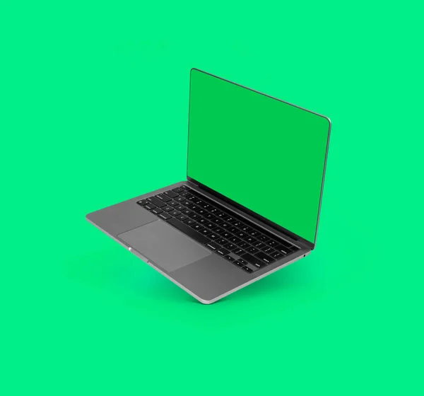 Фото Реалістичного Сучасного Ноутбука Порожнім Зеленим Екраном Плаває Перед Зеленим — стокове фото