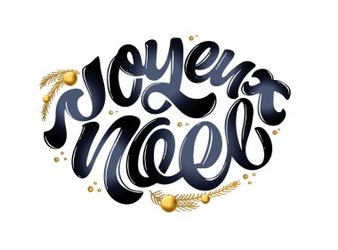 Fransız kartı, rozet, ikon tipografisi ile Mutlu Noeller ve hippi yeni yılı çizdim. Noel için Mutlu Yıllar, Yeni Yıl tebrik kartı, davetiye şablonu, pankart, Vektör EPS10