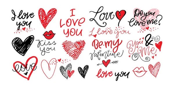 Love You Lettering Happy Valentine Day Mine Lettering Hand Drawn — Vector de stock