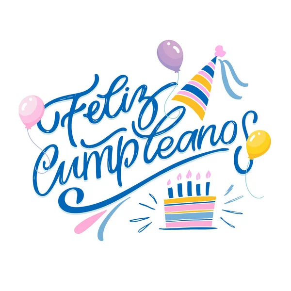 Happy Birthday Label Spanish Cute Hand Drawn Doodle Lettering Postcard — Stock Vector