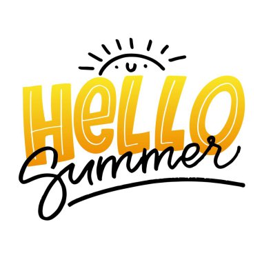 Merhaba Summer. Tişört tasarımı için şirin harfler, sabıka baskısı. Yaz titreşimleri hakkında kartpostal yollamak.