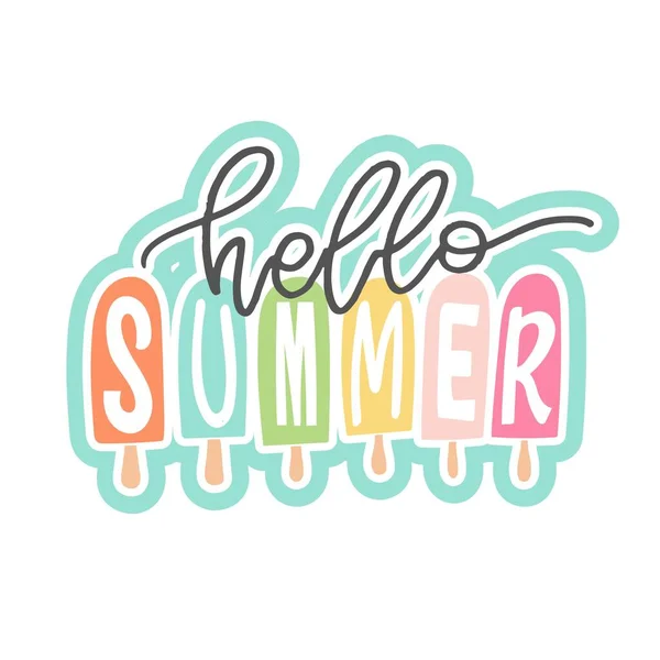 こんにちは夏 Tシャツのデザイン マグカッププリントのためのかわいいレタリングラベル 夏の波に関する絵葉書 — ストックベクタ