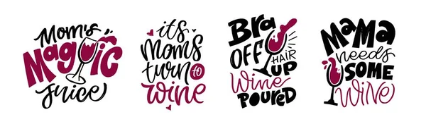 Lettering Hand Şarapla Ilgili Kartpostal Çizmiş Şarap Aşığı Anne Şarap — Stok Vektör