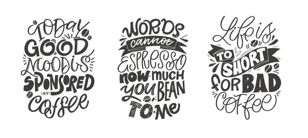 Set Hand Drawn Lettering Quotes Modern Calligraphy Style Coffee Slogans — Stock Vector