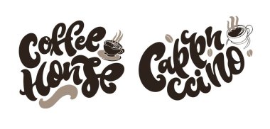 Kahve hakkında modern hat sanatı tarzında el yazması alıntılarla ayarlanmış. Baskı ve poster tasarımı için sloganlar. Vektör illüstrasyonu