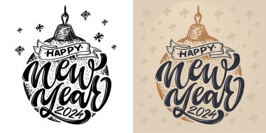 Mutlu Noeller ve mutlu yıllar. Güzel kartpostal. Poster, afiş, internet, satış, tişört tasarımı için harf etiketi. 2024. Yeni yıl tebrik kartı..