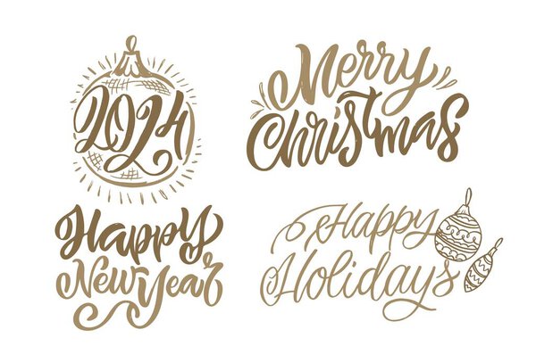 Merry Christmas and happy new year - cute postcard.  Lettering label for poster, banner, web, sale, t-shirt design. 2024. New year holiday greeting card.