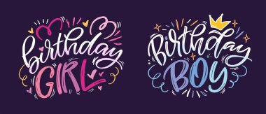 Doğum günün kutlu olsun. Güzel el çizimi kartpostallar. Kutlama zamanı. Bir dilek tut. Doğum günü partisi zamanı - afiş için etiket, t-shirt tasarımı.% 100 vektör