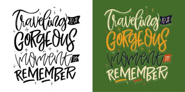 Komik el çizimi, seyahat hakkında kartpostal alıntısı. Tişört tasarımı, kupa düzeltme,% 100 vektör resmi.