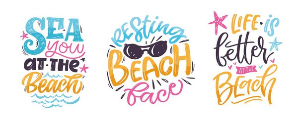 Летние вибрации - милая рисованная вручную каракули леттетринг цитата. Письменный дизайн футболки, отпечаток кружки о лете.