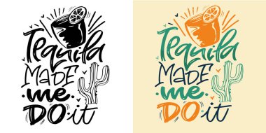 Kokteyl, tekila, margarita ve limonla ilgili el çizimi harfler. Tişört tasarımı, sabıka izi, kartpostal..