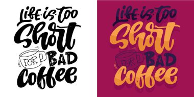 Kahveyle ilgili el yazısıyla yazılmış kartpostal. Tişört tasarımı, sabıka izi. % 100 vektör resmi