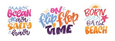 Yaz, göl ve okyanusla ilgili güzel el çizimi karalama mektupları. Tişört tasarımı, kupa baskısı, çanta baskısı, kıyafet modası. % 100 elle çizilmiş vektör resmi.