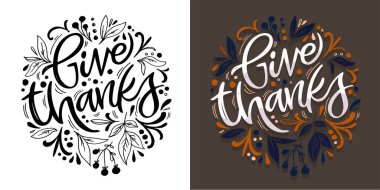 Sonbahar, balkabağı ve şükran günüyle ilgili bir söz. Şükret. Tişört tasarımı, kupa baskısı, çanta baskısı, kıyafet modası. % 100 elle çizilmiş vektör resmi.