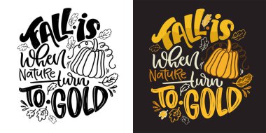 Sonbahar, balkabağı ve şükran günüyle ilgili bir söz. Tişört tasarımı, kupa baskısı, çanta baskısı, kıyafet modası. % 100 elle çizilmiş vektör resmi.