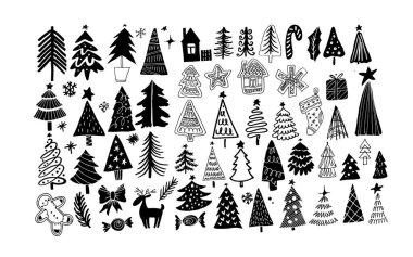 % 100 vektör el karalama dosyası. Noel ağacıyla el çizimi arkaplan. Tişört tasarımı, sabıka izi, çanta baskısı, kıyafet modası. 