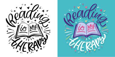 Kitaplar ve okumayla ilgili alıntılar yapan hoş bir el yazısı. Tişört tasarımı, kupa baskısı, çanta baskısı, kıyafet modası. % 100 elle çizilmiş vektör resmi.