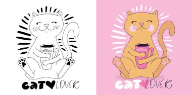 Kedi ve kahve hakkında el yazısı karalamaları. Tişört tasarımı, kupa baskısı, çanta baskısı, kıyafet modası. % 100 elle çizilmiş vektör resmi.