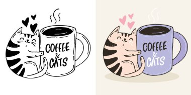 Kedi ve kahve hakkında el yazısı karalamaları. Tişört tasarımı, kupa baskısı, çanta baskısı, kıyafet modası. % 100 elle çizilmiş vektör resmi.