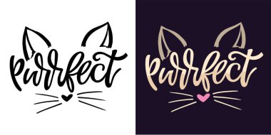 Kediyle ilgili güzel el çizimi karalama yazısı. Tişört tasarımı, kupa baskısı, çanta baskısı, kıyafet modası. % 100 elle çizilmiş vektör resmi.