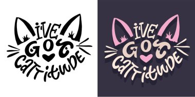 Kediyle ilgili güzel el çizimi karalama yazısı. Tişört tasarımı, kupa baskısı, çanta baskısı, kıyafet modası. % 100 elle çizilmiş vektör resmi.