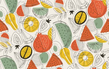 Moda el çizimi meyveli karalama modeli. Kumaş duvar kağıdı vektörü.