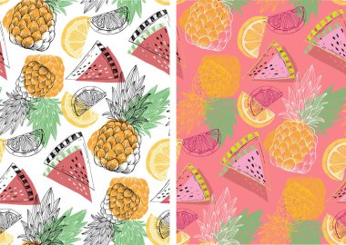 Moda el çizimi meyveli karalama modeli. Kumaş duvar kağıdı vektörü.